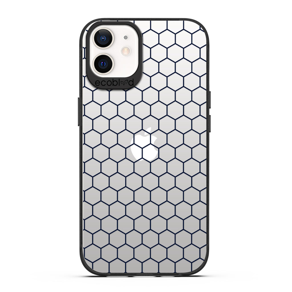 Laguna Collection - Black Eco-Friendly iPhone 12 / 12 Pro Case With A Geometric Honeycomb Pattern On A Clear Back