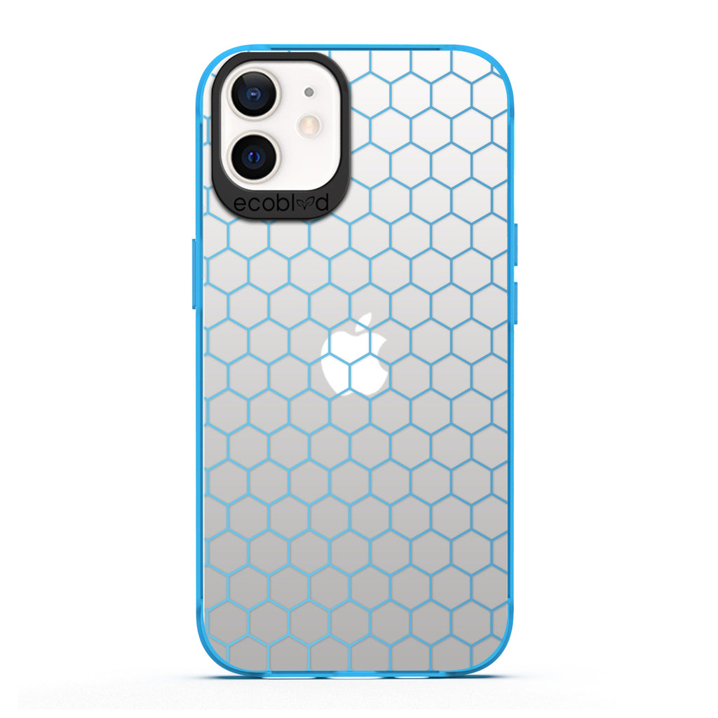 Laguna Collection - Blue Eco-Friendly iPhone 12 / 12 Pro Case With A Geometric Honeycomb Pattern On A Clear Back