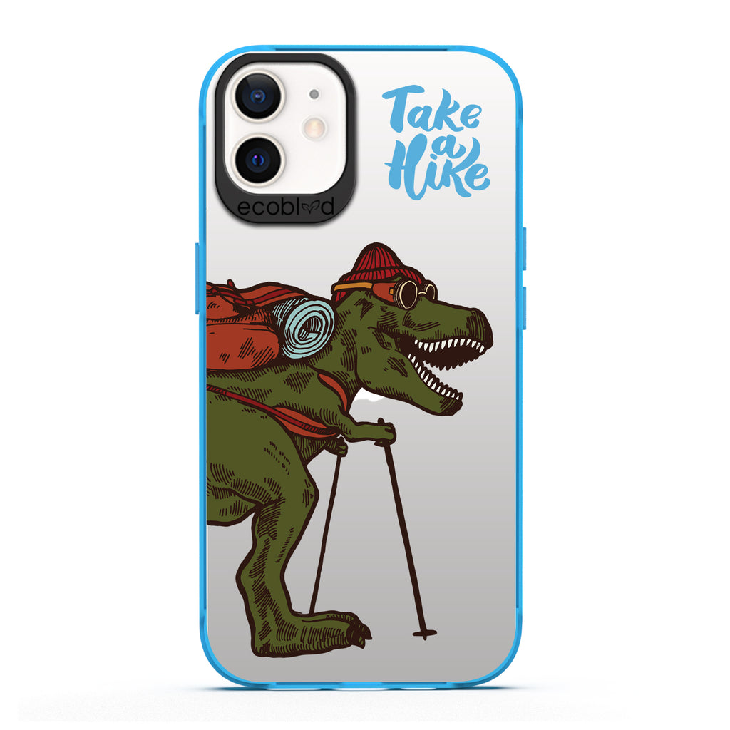 Laguna Collection - Blue iPhone 12 / 12 Pro Case With A Trail-Ready T-Rex And A Quote Saying Take A Hike On A Clear Back