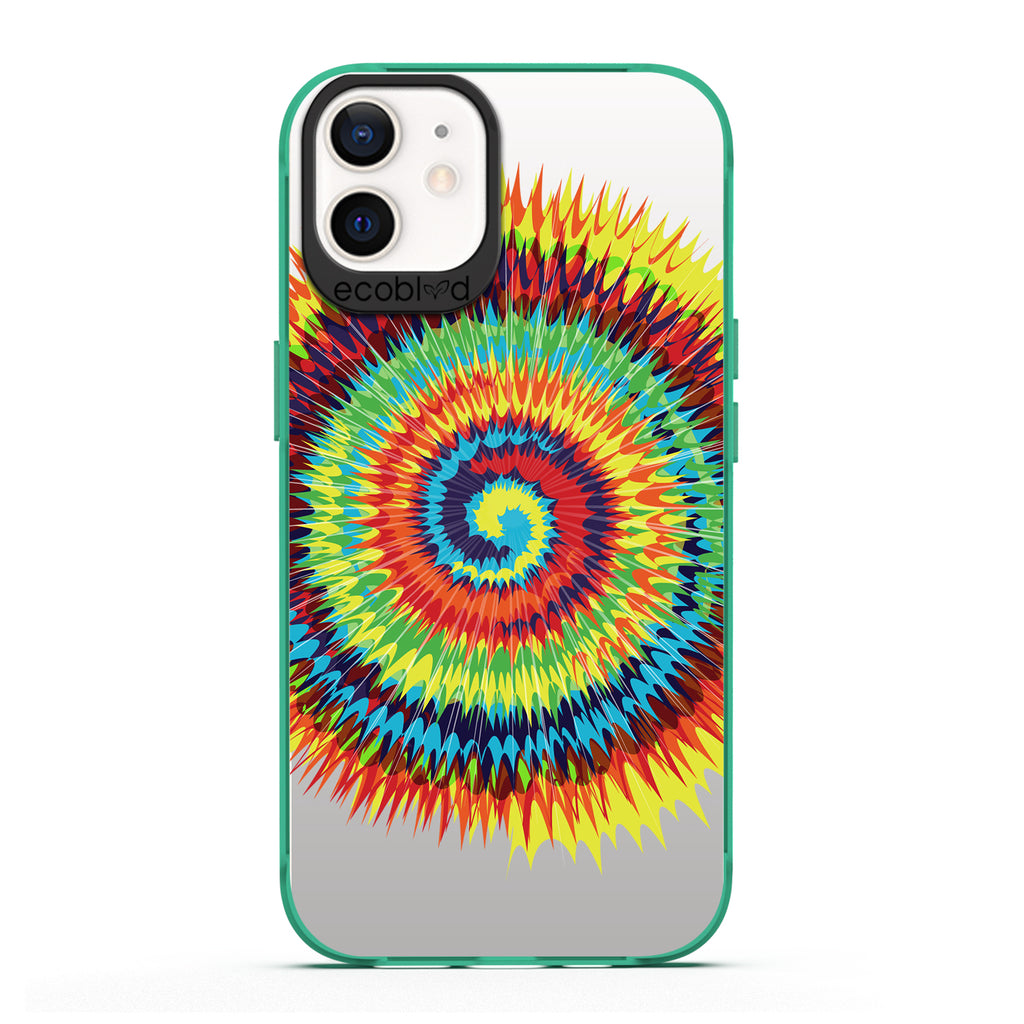 Laguna Collection - Green iPhone 12 / 12 Pro Case With A Retro Rainbow Tie Dye Print On A Clear Back - 6FT Drop Protection