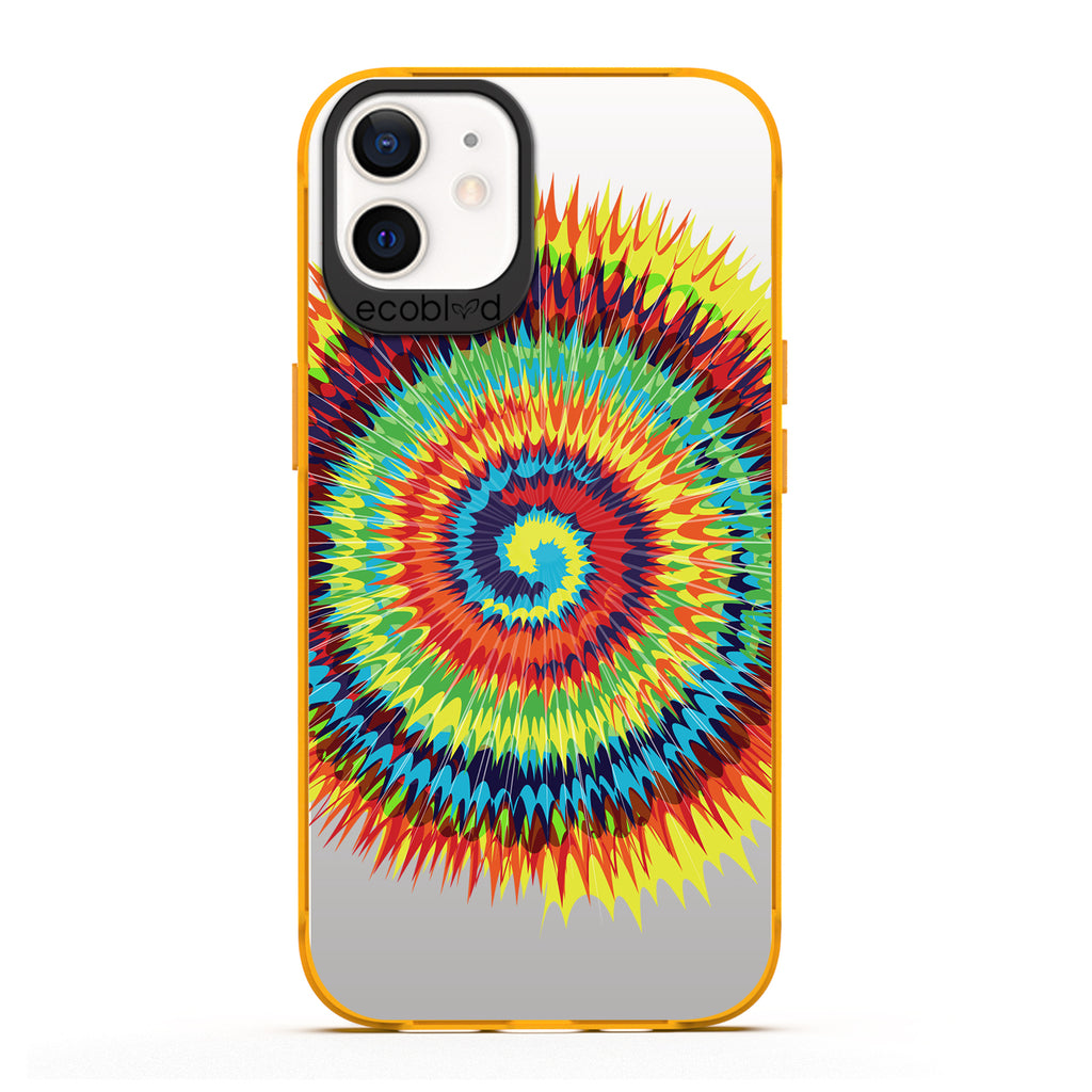 Laguna Collection - Yellow iPhone 12 / 12 Pro Case With A Retro Rainbow Tie Dye Print On A Clear Back - 6FT Drop Protection