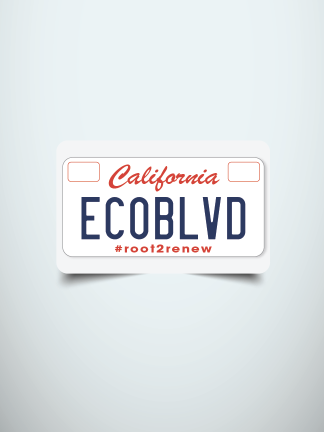 EcoBlvd Gift Card - White California License Plate Design With EcoBlvd Plate Numbers And #Root2Renew Slogan 
