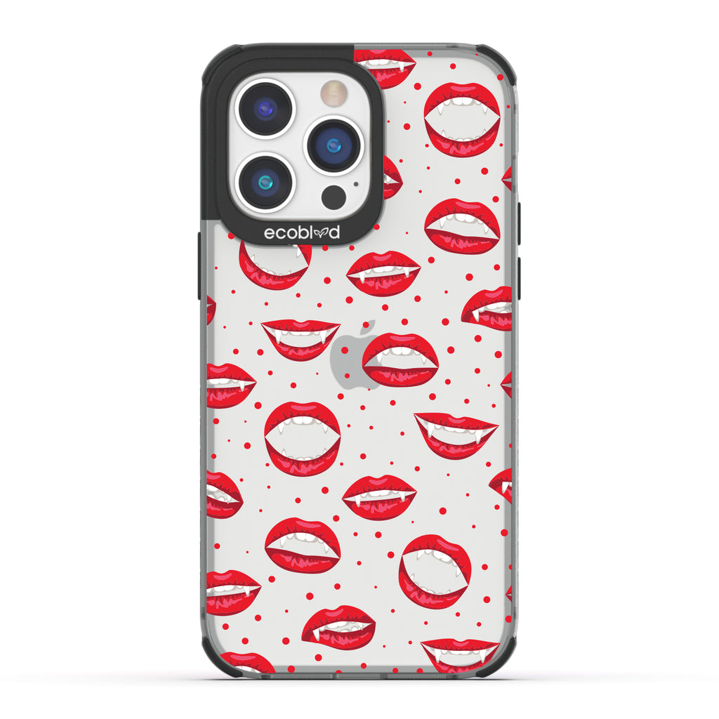 Halloween Collection - Black Laguna iPhone 14 Pro Case With Red Lips And Vampire Fangs On A Clear Back - Compostable
