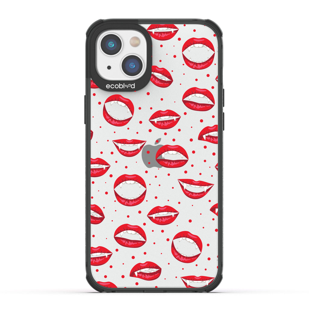 Halloween Collection - Black Laguna iPhone 14 Case With Red Lips And Vampire Fangs On A Clear Back - Compostable