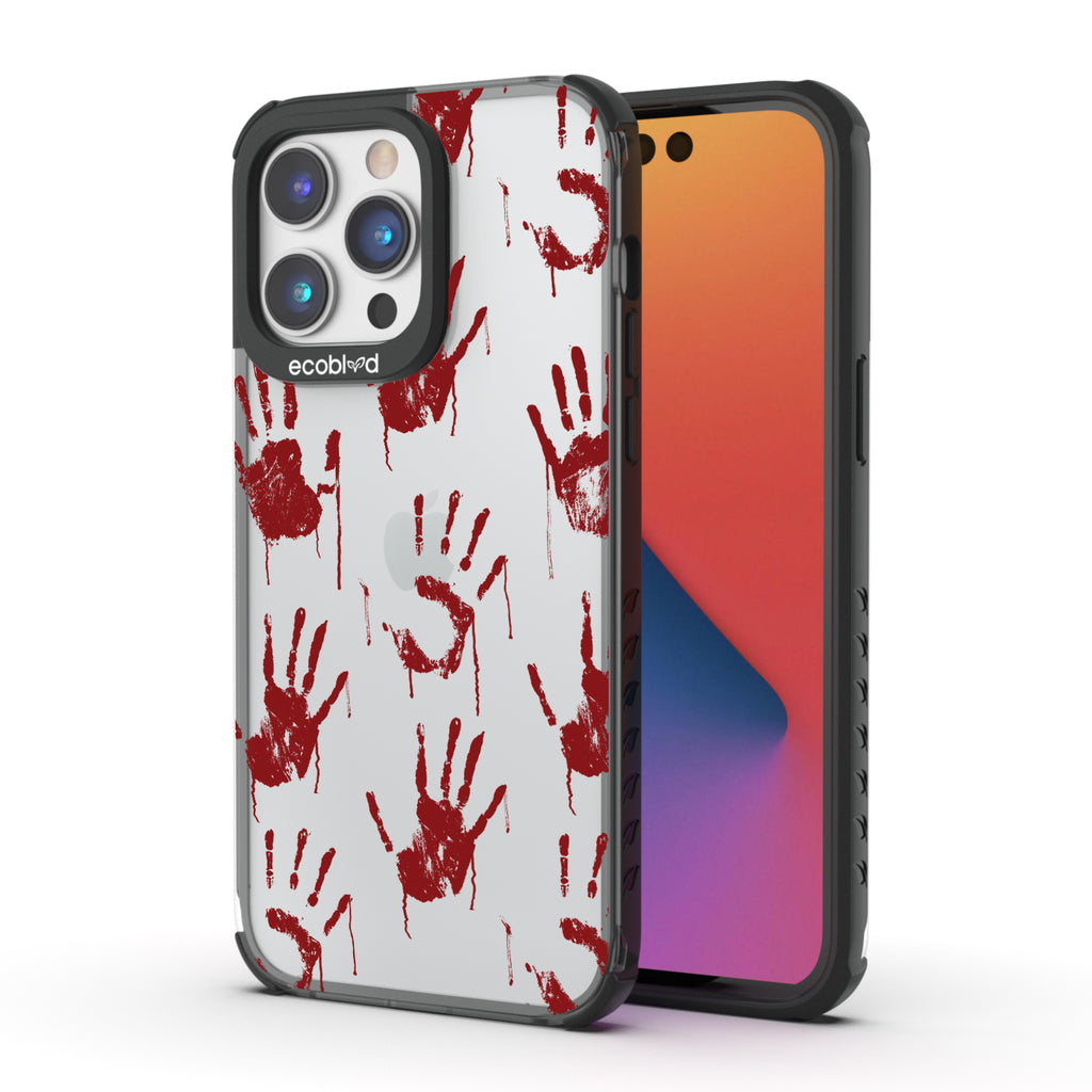 Back View Of  Black iPhone 14 Pro Halloween Laguna Case With The Caught Red Handed Design & Front View Of The Screen