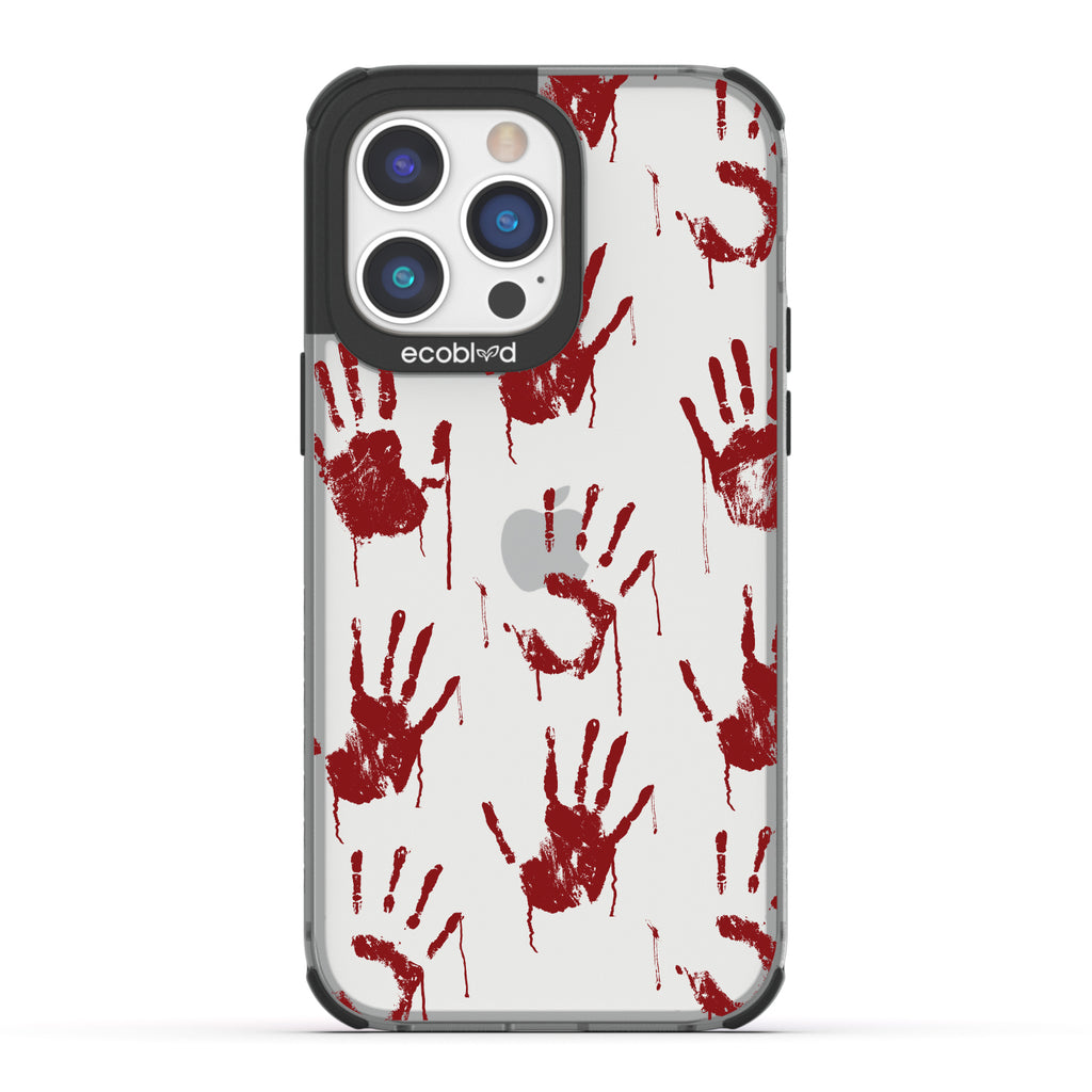 Halloween Collection - Black Laguna iPhone 14 Pro Case With Red Bloody Handprints On A Clear Back - Compostable