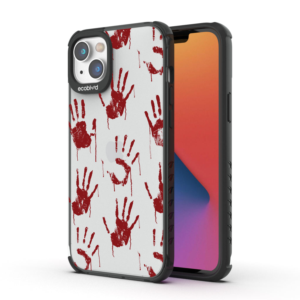Back View Of  Black iPhone 14 Plus Halloween Laguna Case With The Caught Red Handed Design & Front View Of The Screen
