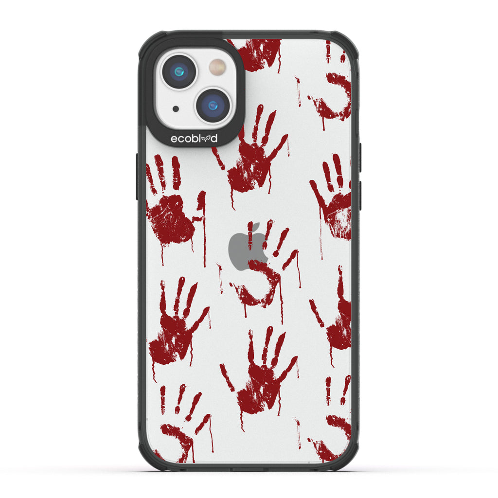 Halloween Collection - Black Laguna iPhone 14 Case With Red Bloody Handprints On A Clear Back - Compostable