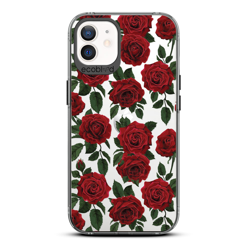 Love Collection - Black Compostable iPhone 12 / 12 Pro Case - Red Roses & Leaves On A Clear Back