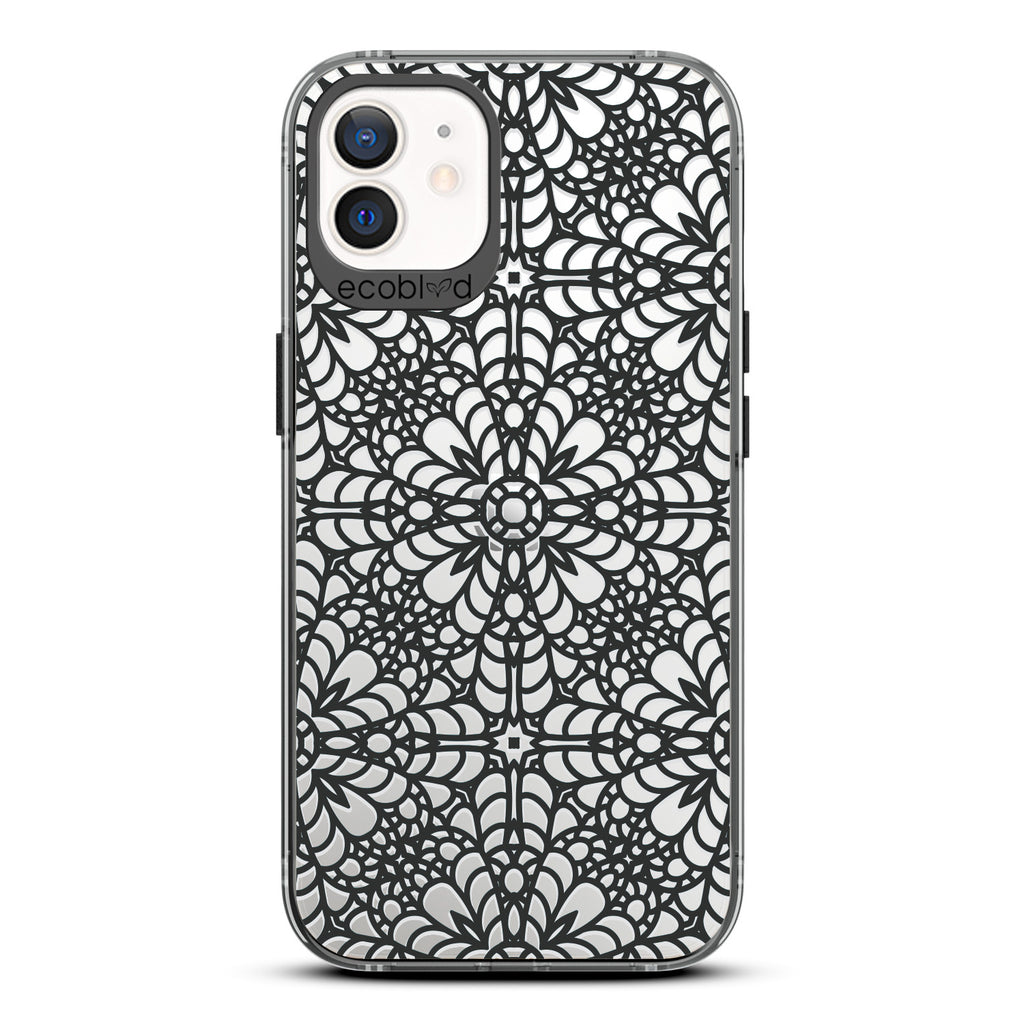 Spring Collection - Black Compostable iPhone 12/12 Pro Case - Intricate Lace Tapestry Pattern On A Clear Back
