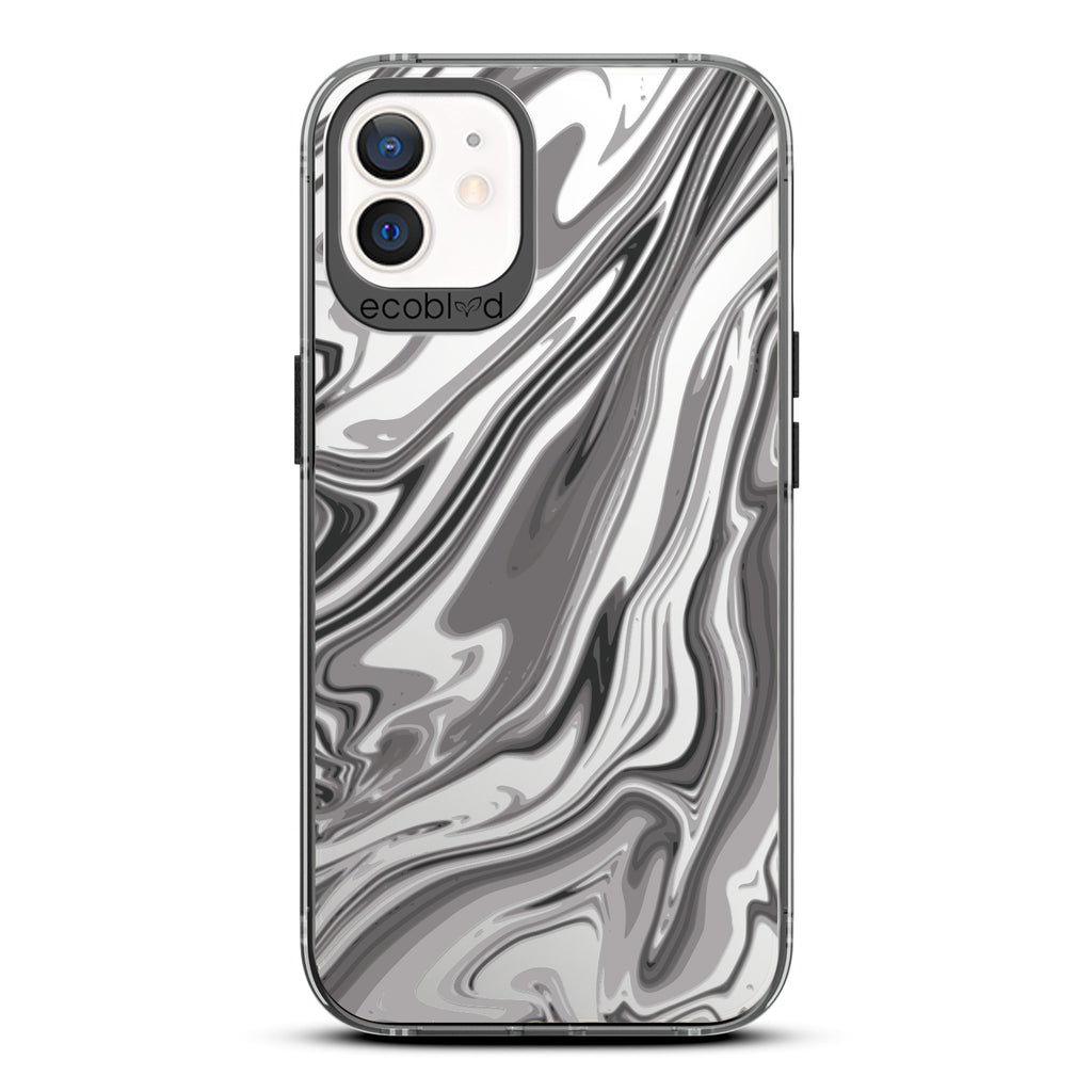 Timeless Collection - Black Laguna Compostable iPhone 12 / 12 Pro Case With Marble Swirls On a Clear Back