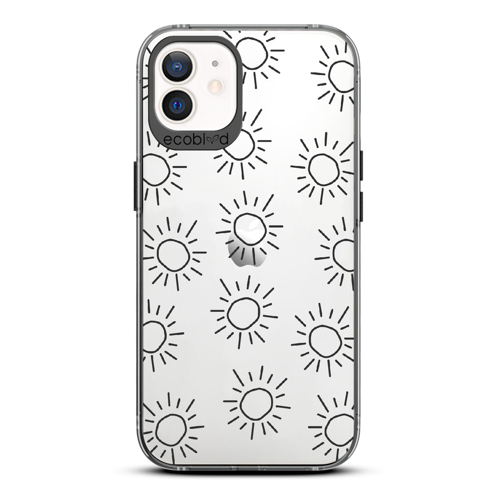 Sun - Black Eco-Friendly iPhone 12/12 Pro Case With Various Scribbled Suns On A Clear Back