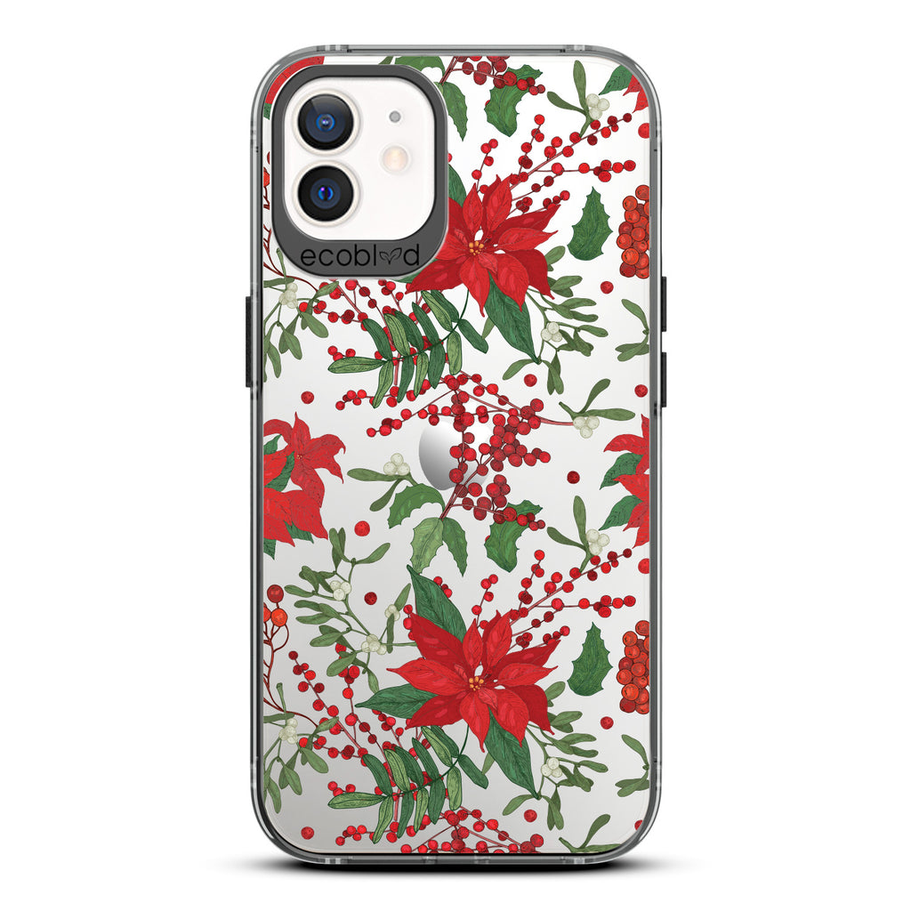 Winter Collection - Black Compostable iPhone 12 & 12 Pro Case - Illustrated Poinsettia Floral Print On Clear Back