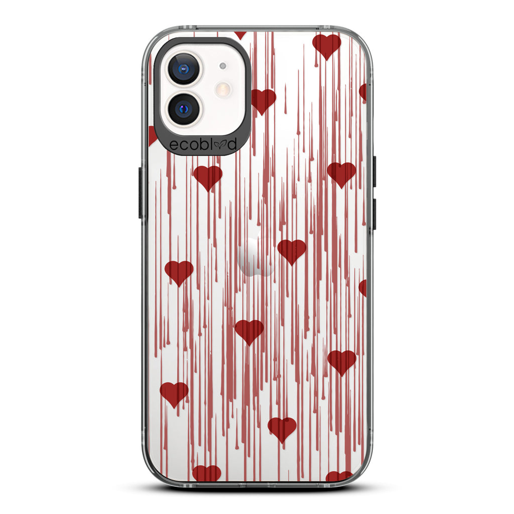 Love Collection - Black Compostable iPhone 12/12 Pro Case - Red Hearts With A Drip Art Style On A Clear Back