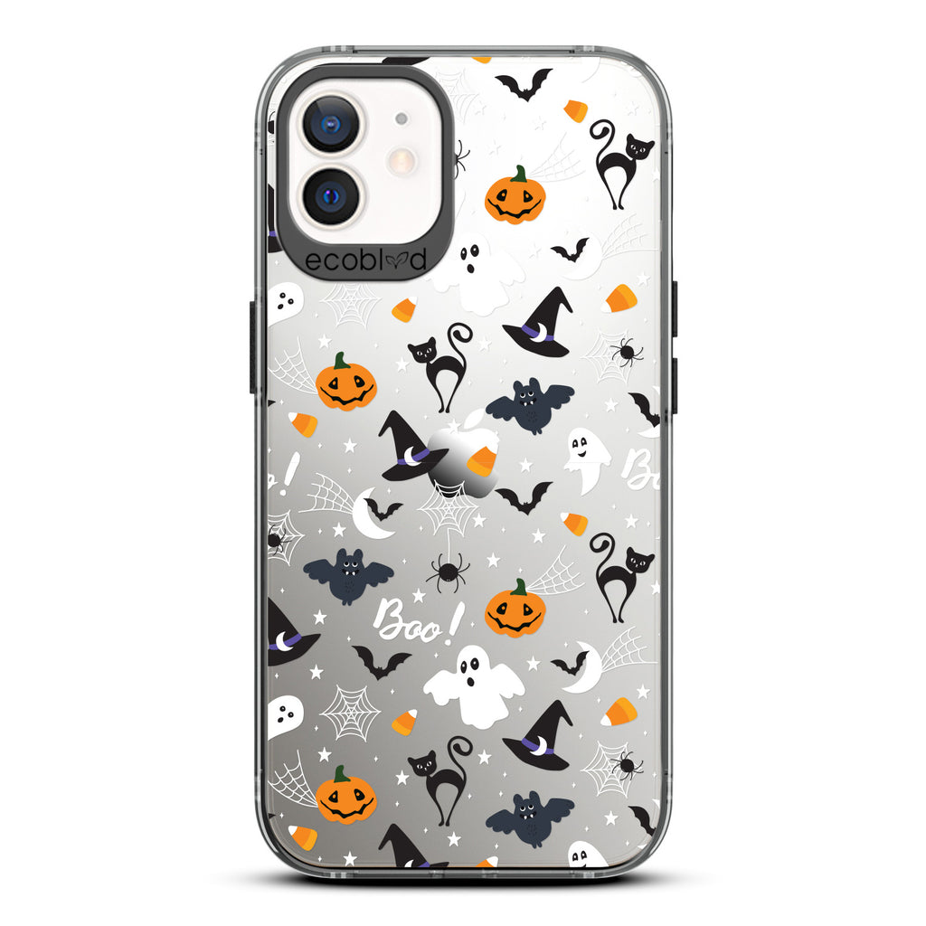 Halloween Collection - Black Laguna iPhone 12 / 12 Pro Case With Spiders, Ghosts & Other Spooky Characters On A Clear Back 