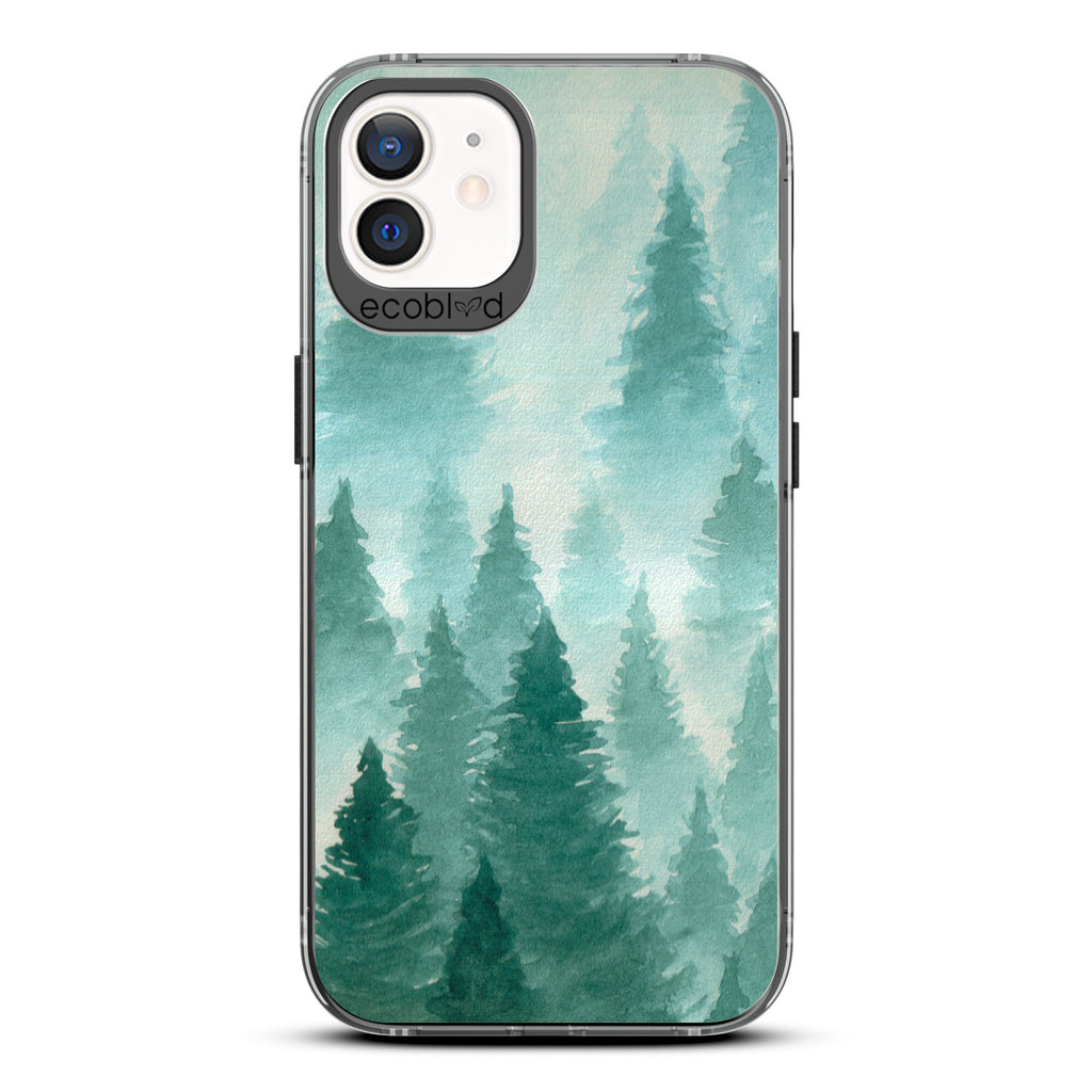 Winter Collection - Black Eco-Friendly Laguna iPhone 12 / 12 Pro Case With A Watercolor Pine Tree Forest Print On A Clear Back