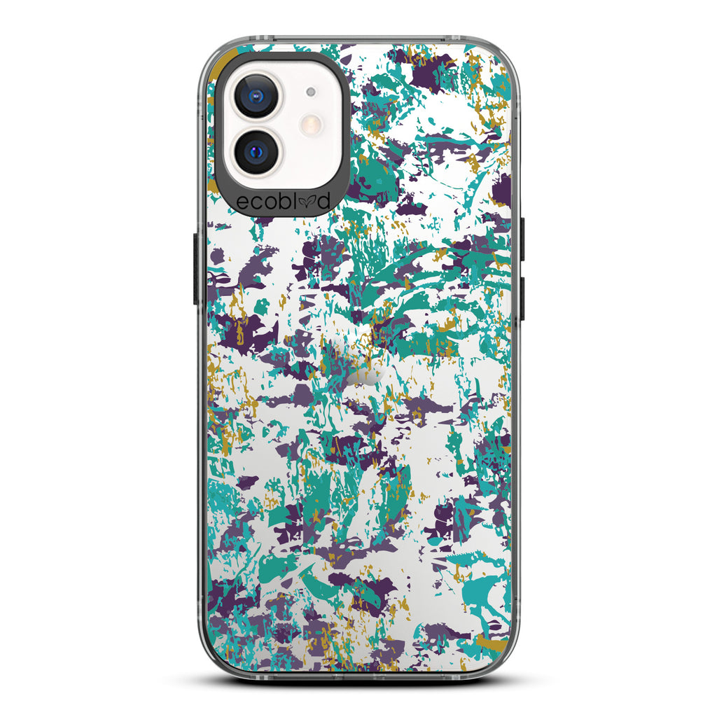Contemporary Collection - Black Compostable iPhone 12/12 Pro Case - Abstract Expressionist Paint Splatter On A Clear Back