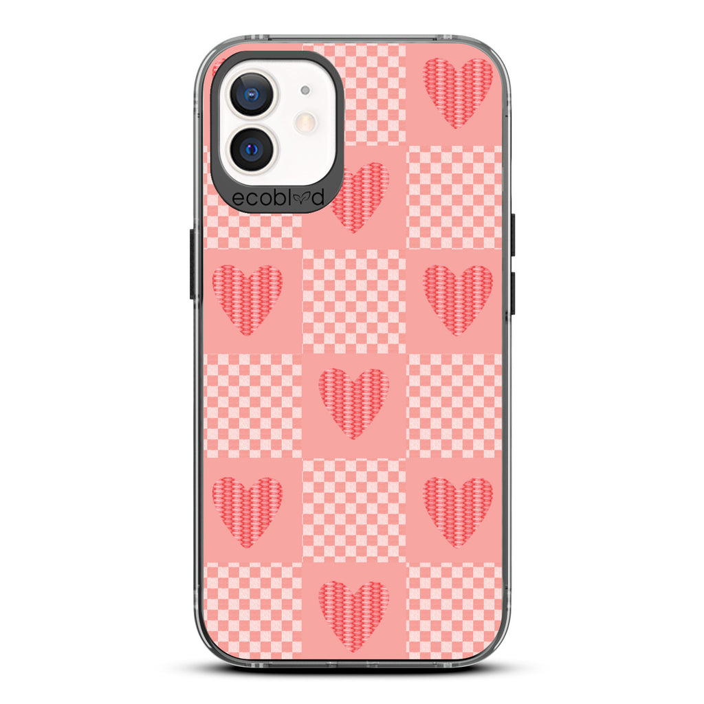 Love Collection - Black Compostable iPhone 12/2 Pro Case - Gingham Print Of Chevron Squares & Sewn Hearts On A Clear Back