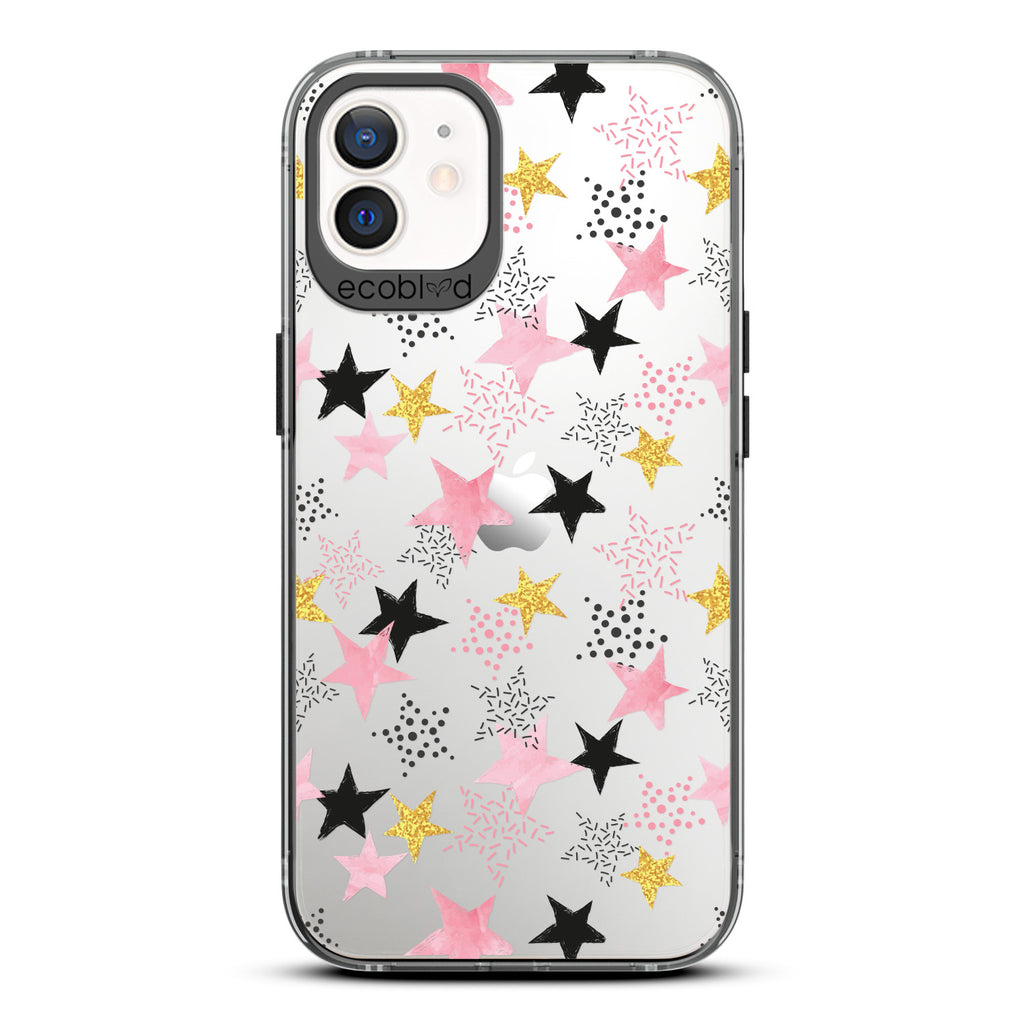 Winter Collection - Black Laguna iPhone 12 / 12 Pro Case With Pink, Black & Gold Stars In Solid & Polka Dot Patterns