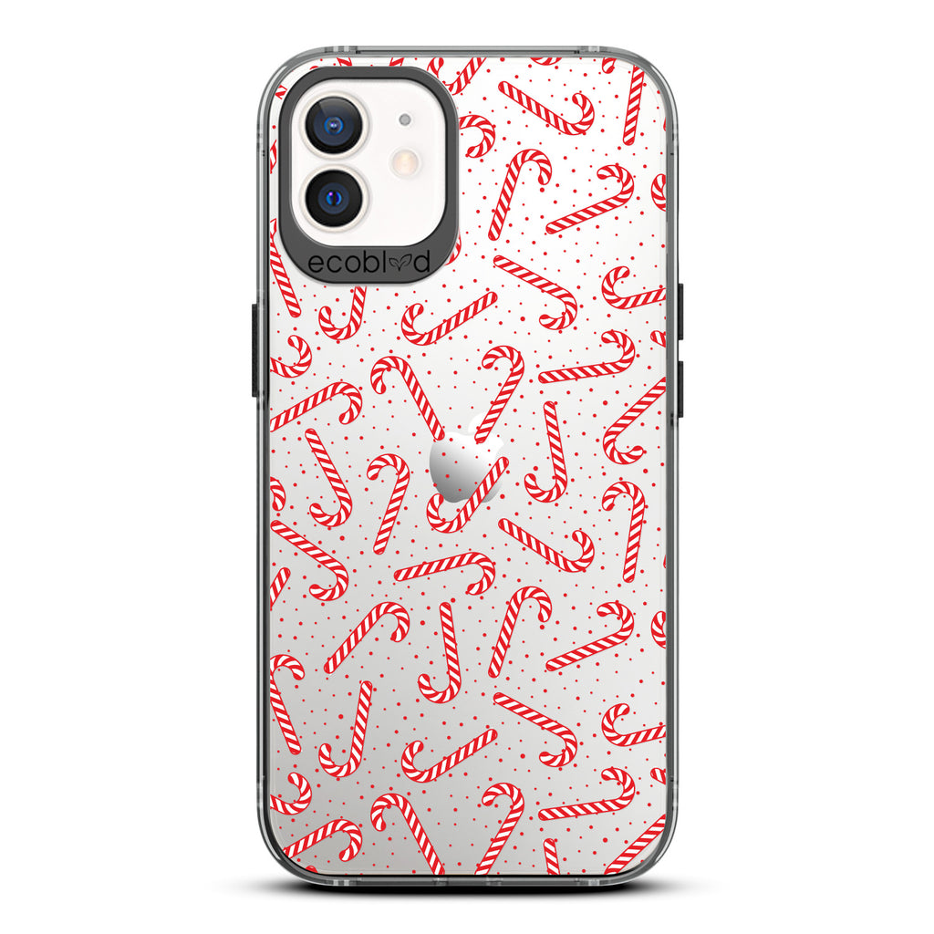 Winter Collection - Black Laguna Compostable iPhone 12/ 12 Pro Case With Red & White Candy Canes, Red Dots On Clear Back