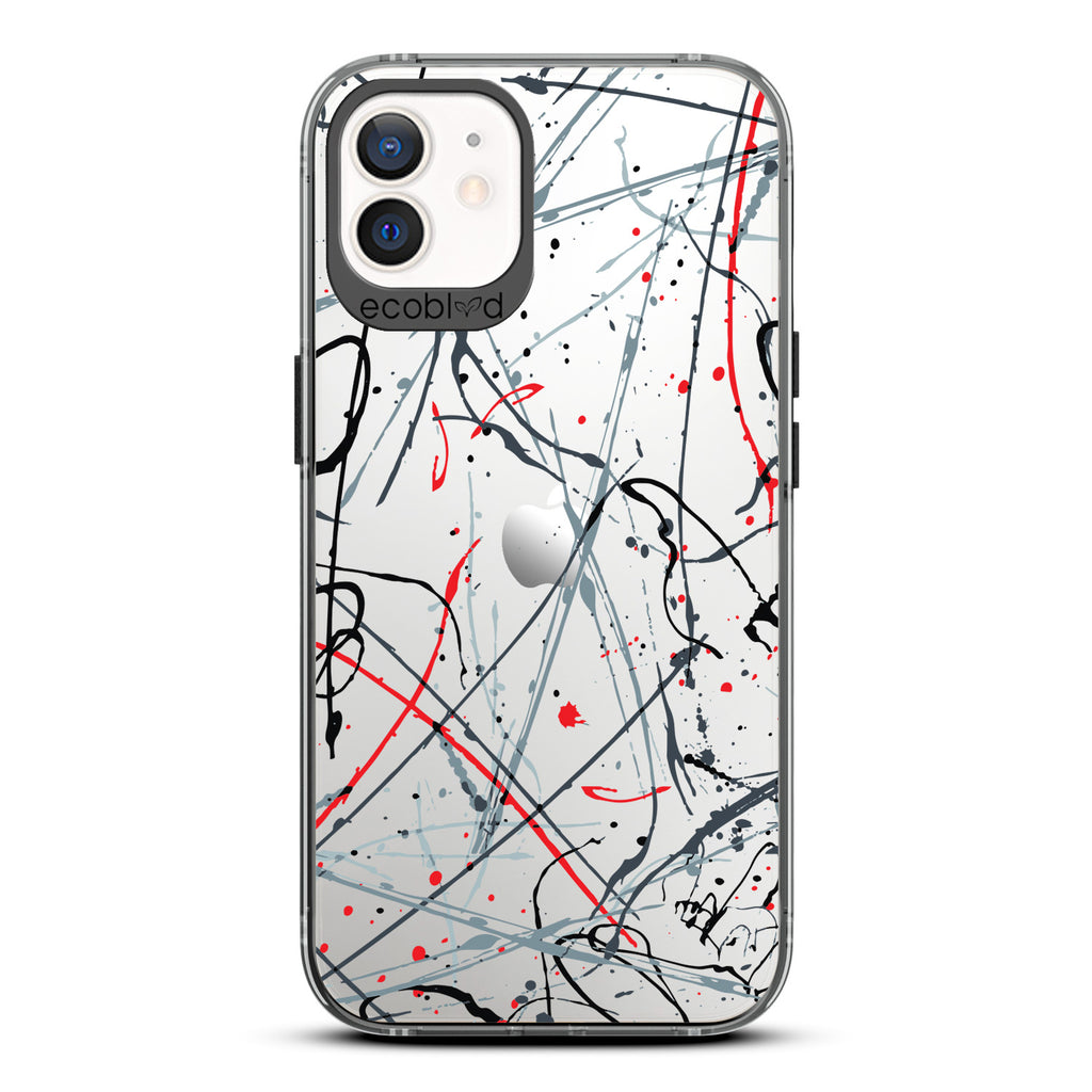Contemporary Collection - Black Compostable iPhone 12/12 Pro Case - Black & Red Paint Splatter On A Clear Back