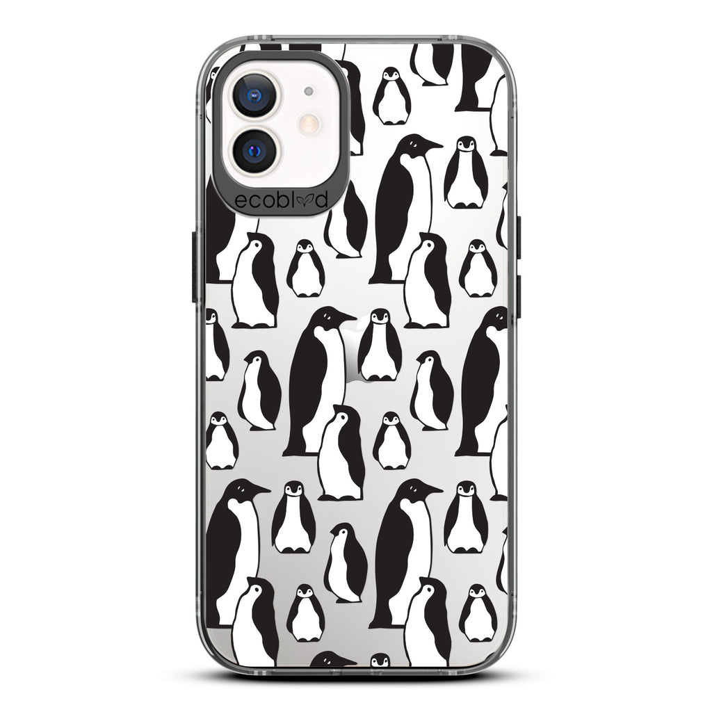 Winter Collection - Black Laguna Eco-Friendly iPhone 12 / 12 Pro Case With A Waddle Of Penguins On A Clear Back