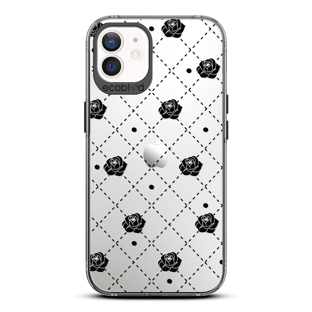 Love Collection - Black Compostable iPhone 12/12 Pro Case - Argyle Print, Black Dots & Black Roses On A Clear Back