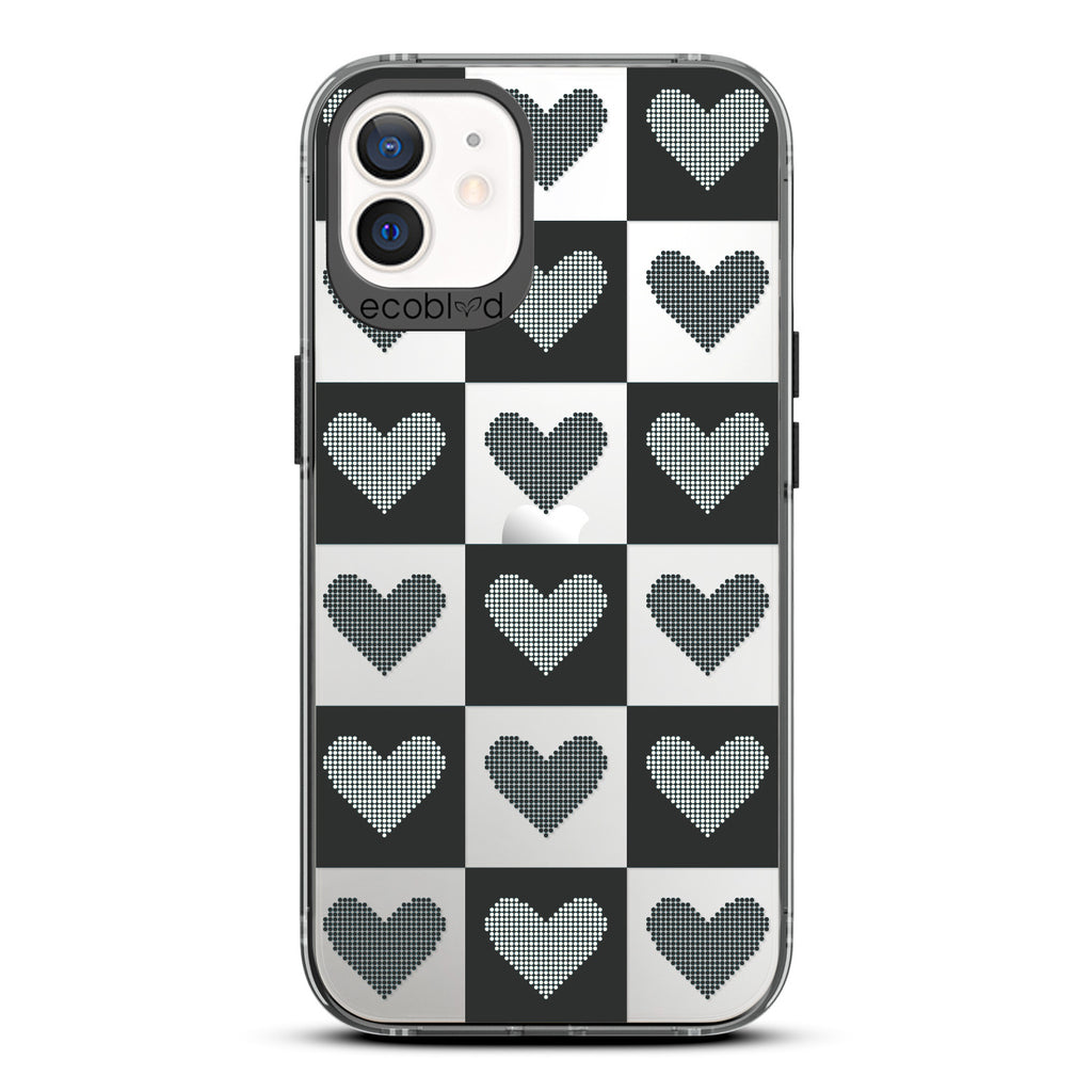 Love Collection - Black Compostable iPhone 12/12 Pro Case - Black Checkered Print With Knitted Hearts On A Clear Back