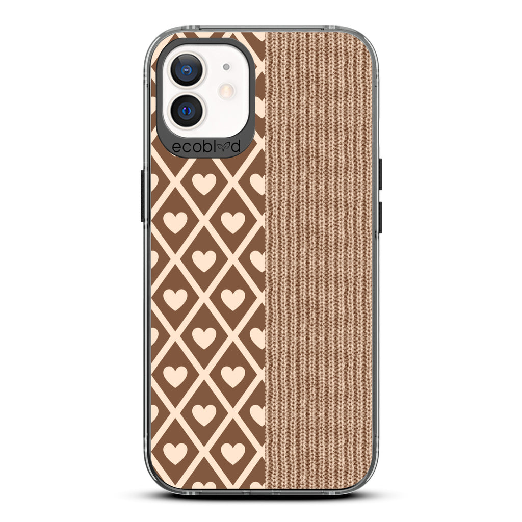 Love Collection - BlackCompostable iPhone 12/12 Pro Case - Left: Brown Argyle Print & Right: Sewn Fabric On A Clear Back