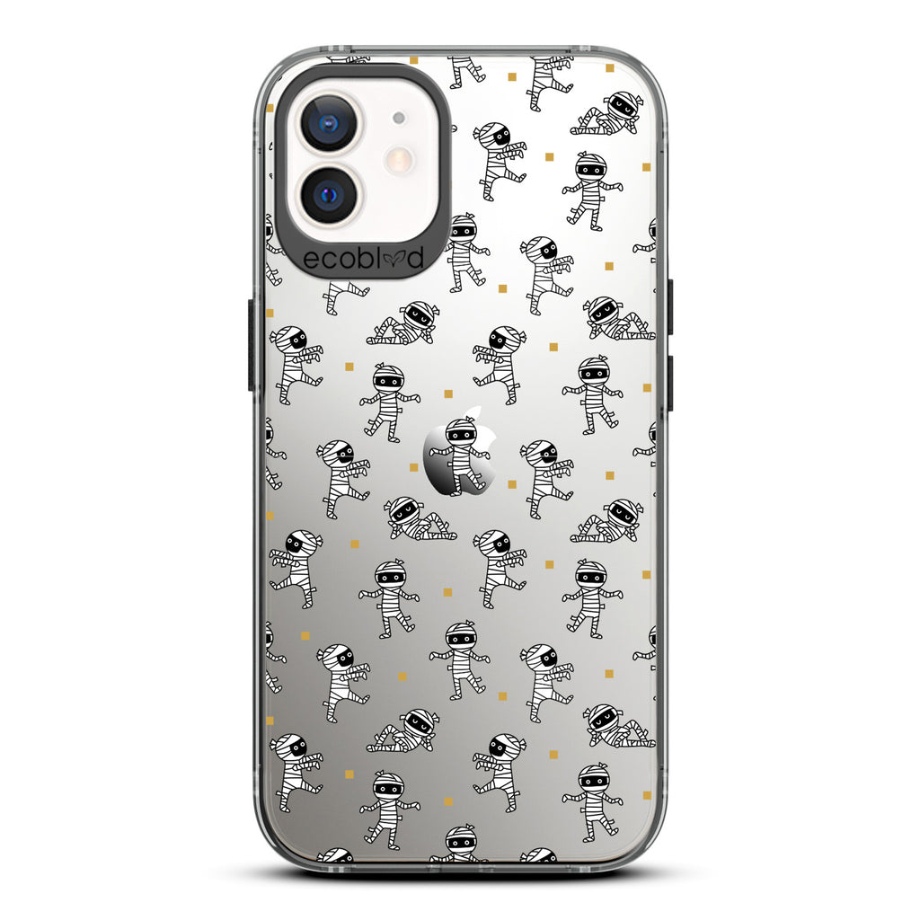 Halloween Collection - Black Laguna iPhone 12 / 12 Pro Case With Multiple Cartoon Mummies Walking & Laying On A Clear Back