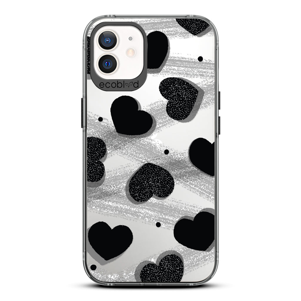 Love Collection - Black Compostable iPhone 12/12 Pro Case - Silver Glitter Hearts, Dots, Grey Paint Strokes On A Clear Back