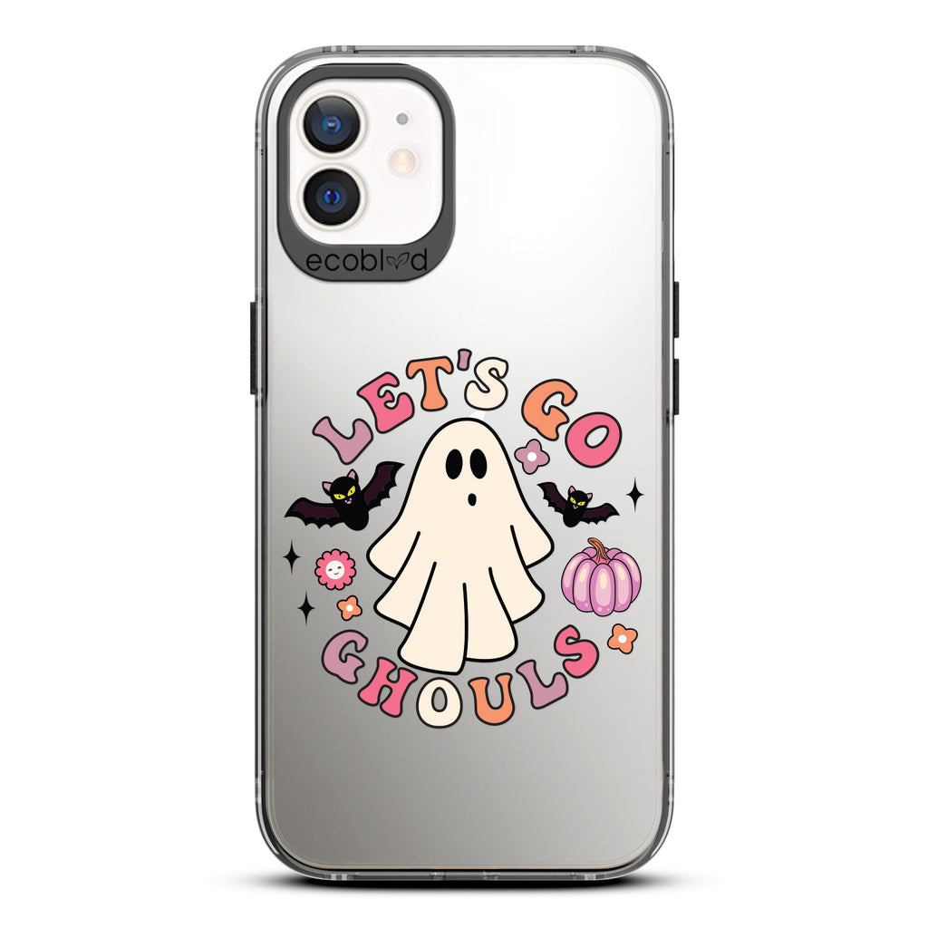 Halloween Collection - Black Laguna iPhone 12 / 12 Pro Case With Let's Go Ghouls, A Ghost, Bats & A Pumpkin On A Clear Back 
