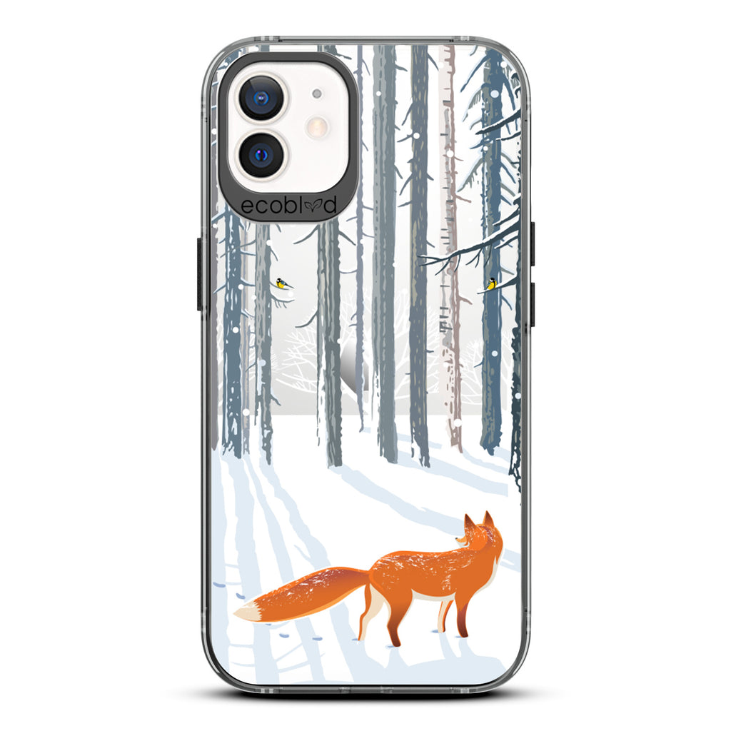 Winter Collection - Black Eco-Friendly iPhone 12 / 12 Pro Case - Orange Fox Trails Pawprints In Snowy Woods On A Clear Back