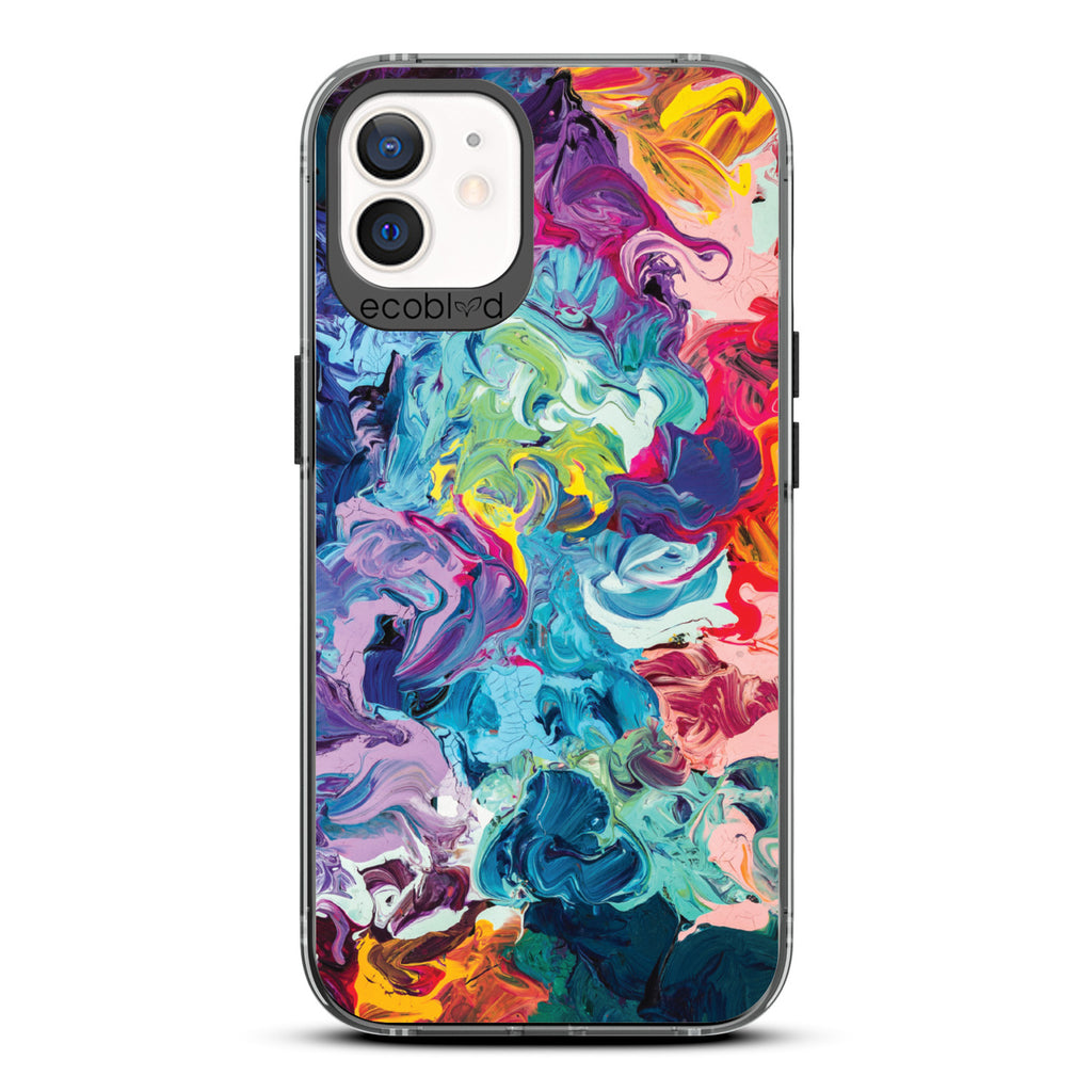 Contemporary Collection - Black Compostable iPhone 12/12 Pro Case - Abstract Colorful Oil Painting On A Clear Back