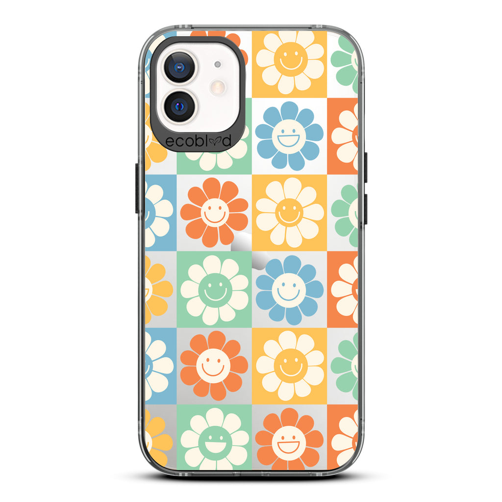 Spring Collection - Black Compostable iPhone 12/12 Pro Case - 70's Gingham Cartoon Flowers W/ Smiley Faces On A Clear Back