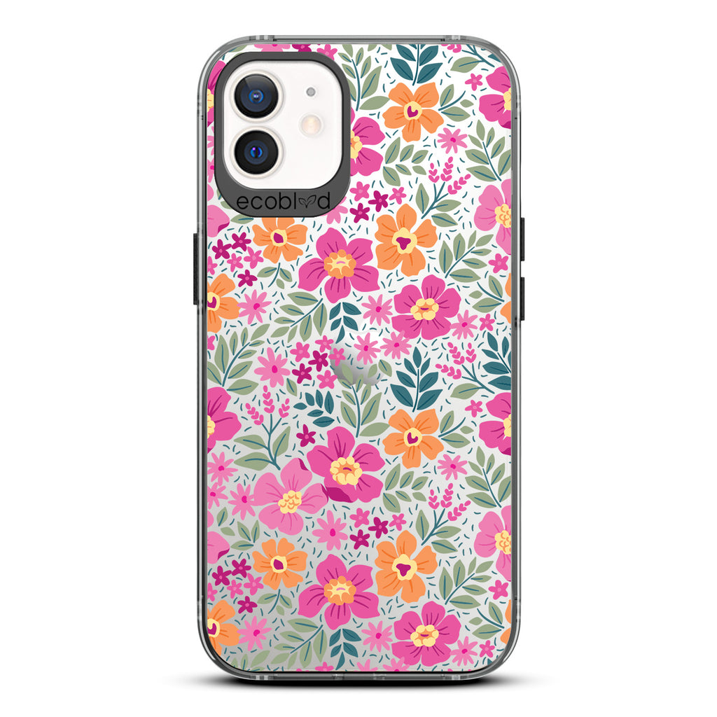 Spring Collection - Black Compostable iPhone 12/12 Pro Case - Bright, Colorful  Vintage Cartoon Flowers with Leaves On A Clear Back