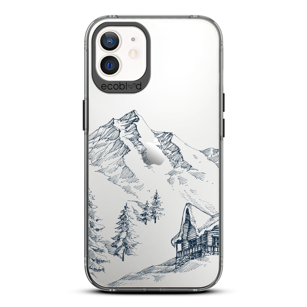 Winter Collection - Black Compostable iPhone 12 & 12 Pro Case - Snowy Mountainside Wood Cabin On A Clear Back
