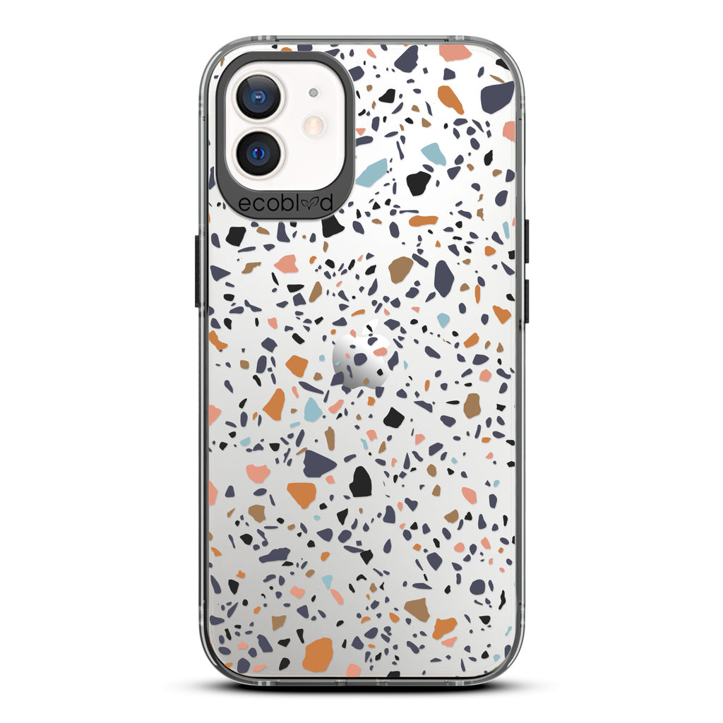 Timeless Collection - Black Laguna Compostable iPhone 12 / 12 Pro Case With A Speckled Terrazzo Pattern On A Clear Back