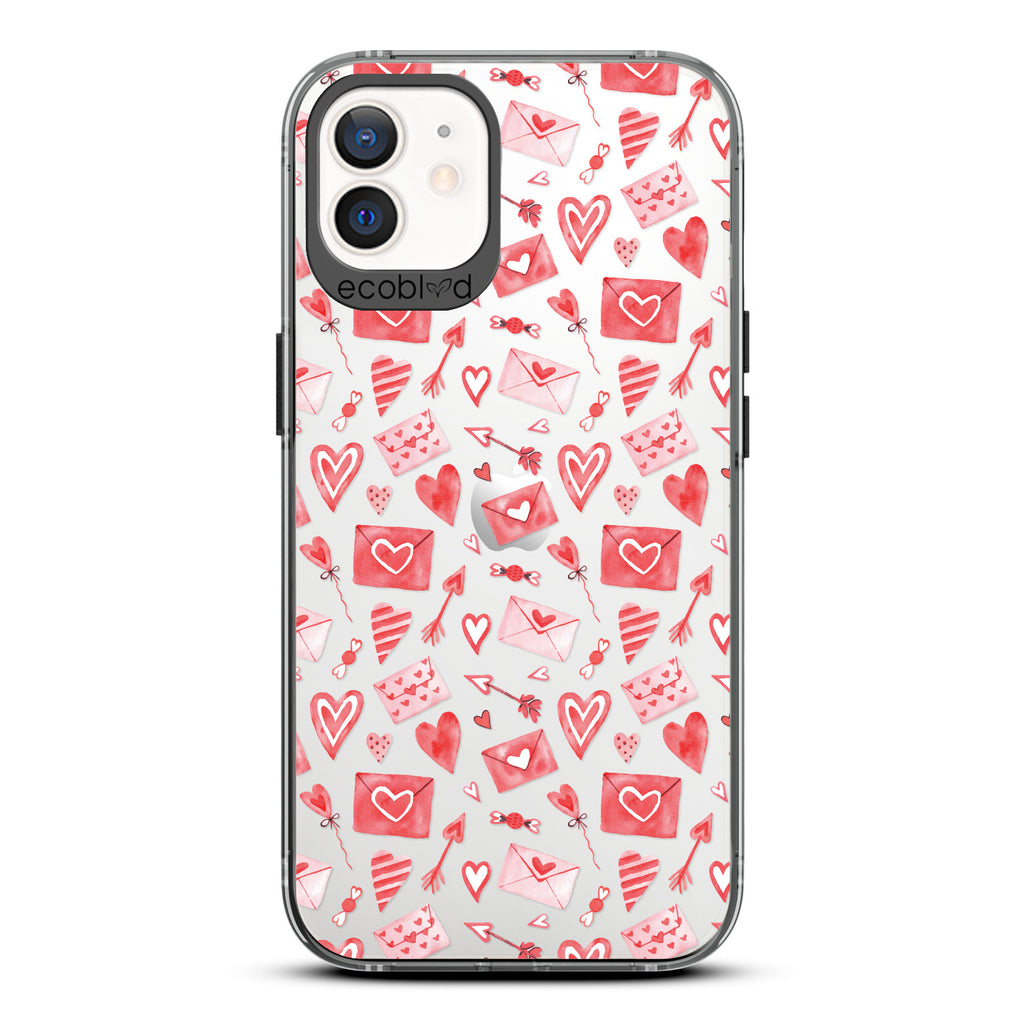 Love Collection - Black Compostable iPhone 12 / 12 Pro Case - Red & Pink Love Letter Envelopes, Hearts & Arrows On Clear Back