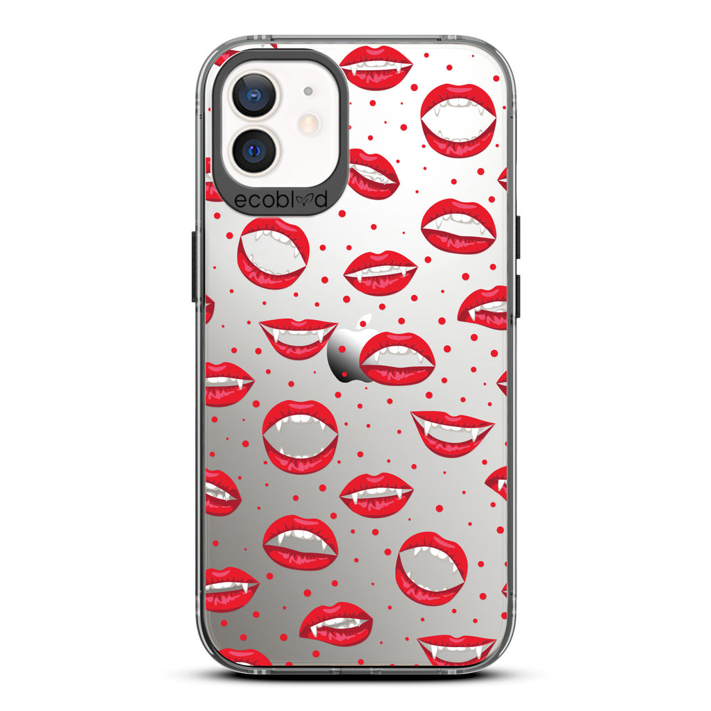 Halloween Collection - Black Laguna iPhone 12 / 12 Pro Case With Red Lips And Vampire Fangs On A Clear Back - Compostable