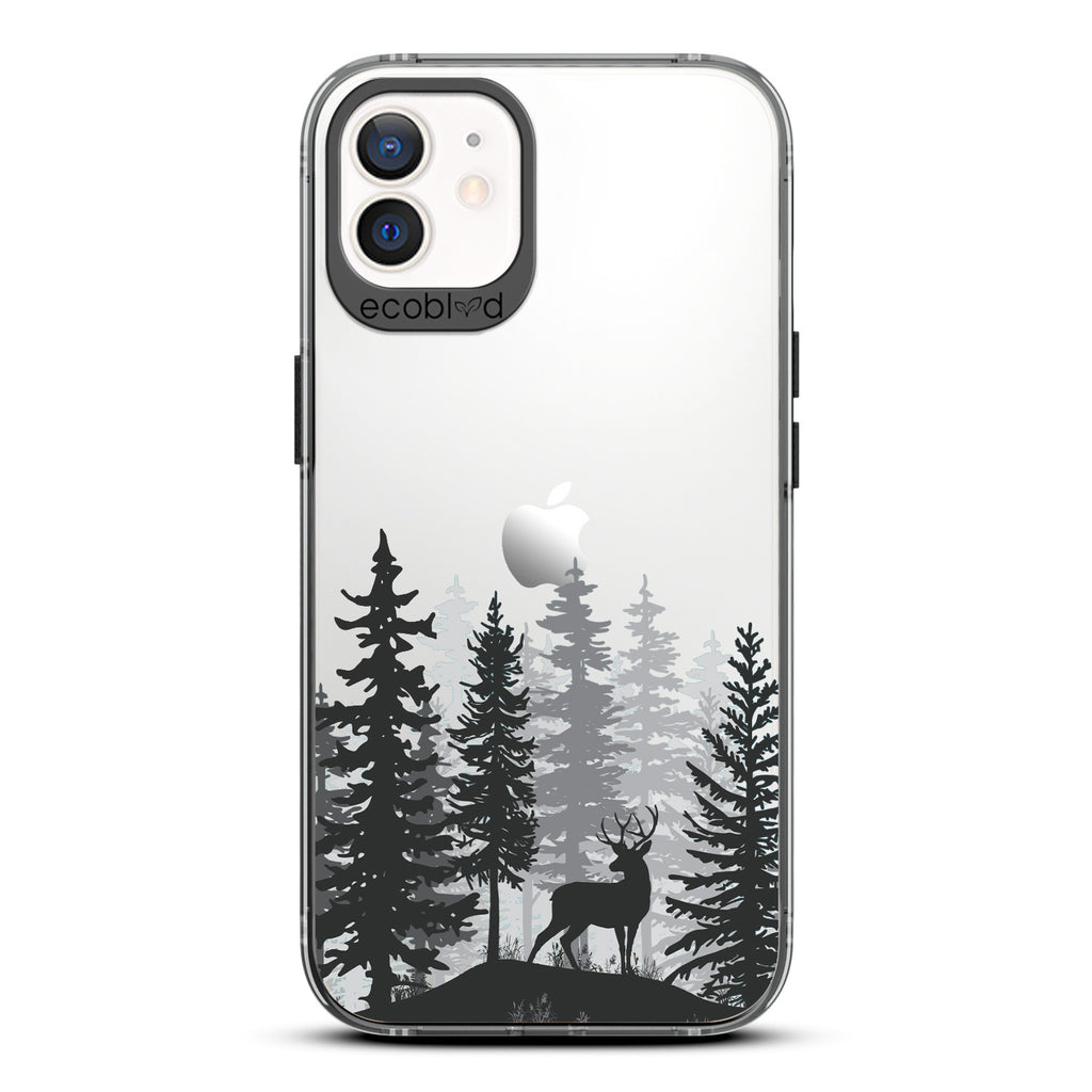 Winter Collection - Black Compostable iPhone 12 & 12 Pro Case - Wild Stag Standing On Boulder In The Woods On Clear Back