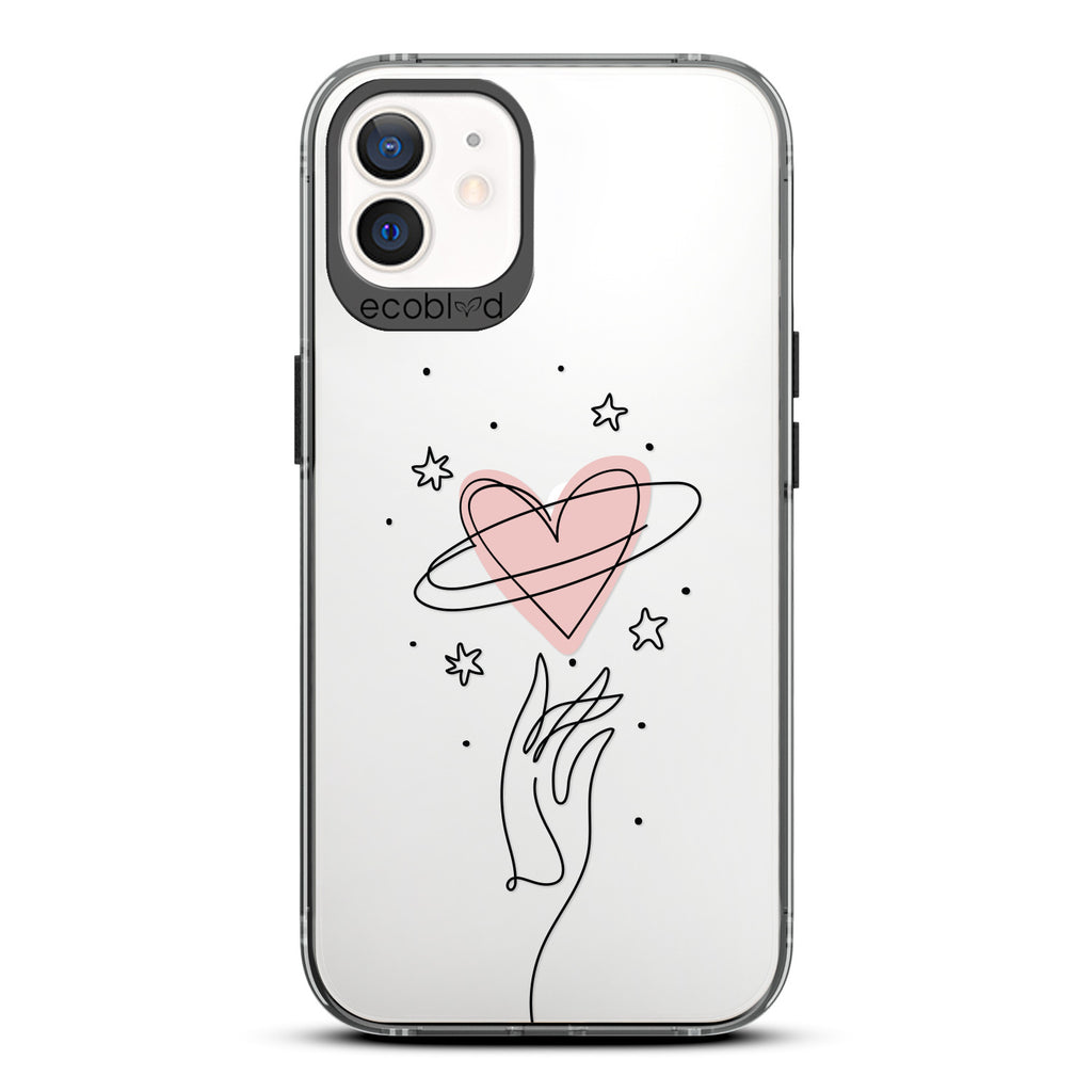 Love Collection - Black Compostable iPhone 12 / 12 Pro Case - Line Art Hand Reaching Out For Pink Heart, Stars On Clear Back