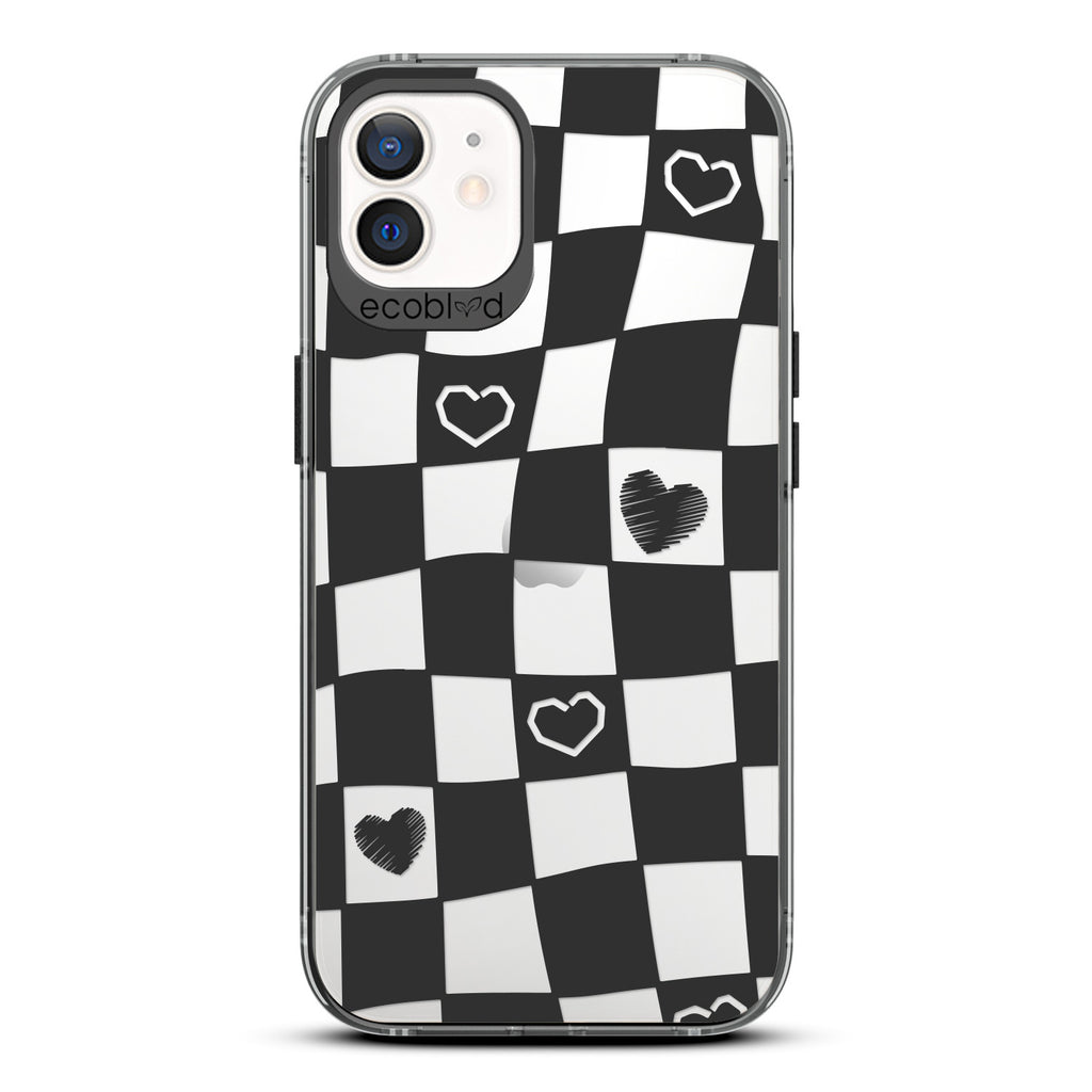 Love Collection - Black Compostable iPhone 12/12 Pro Case - Wavy Checkered Print & Scribbled Hearts On A Clear Back