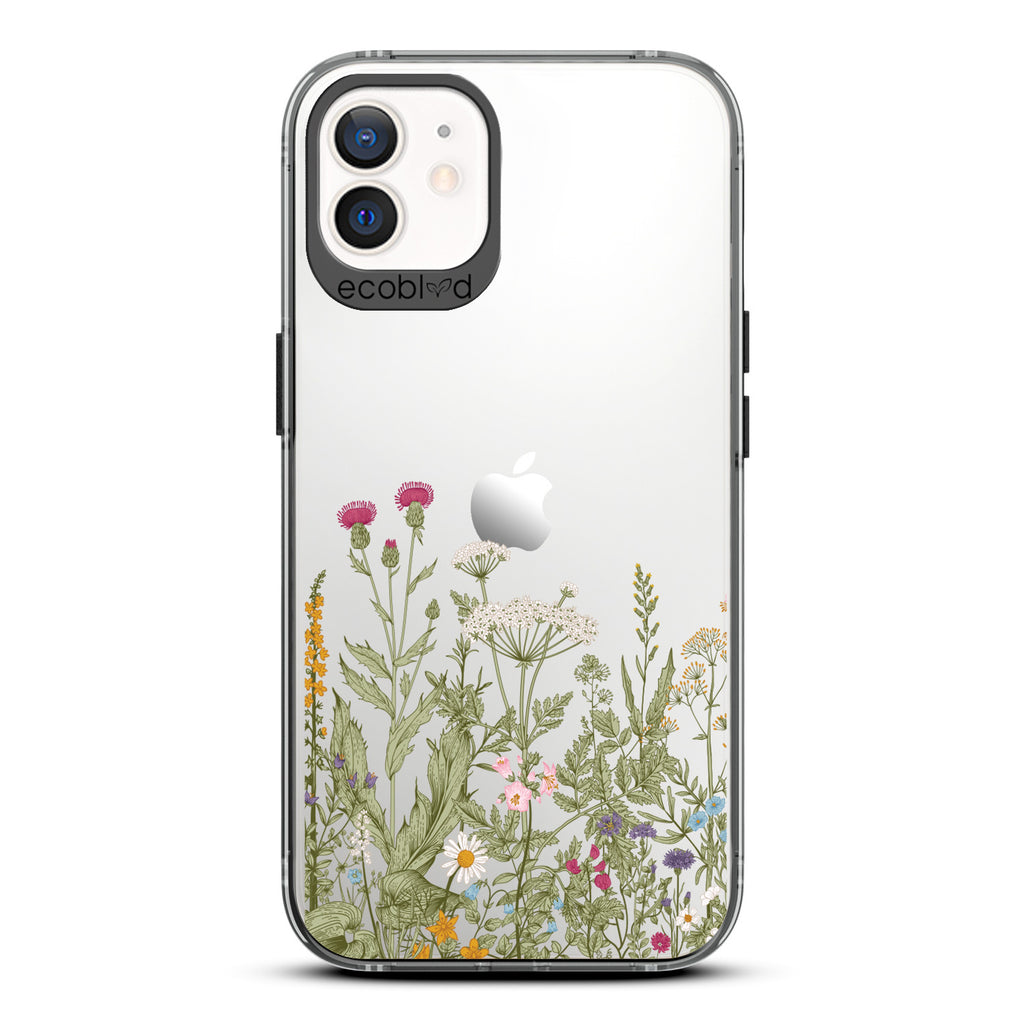 Spring Collection - Black Compostable iPhone 12/12 Pro Case - Wild Herbs & Flowers Botanical Herbarium On A Clear Back