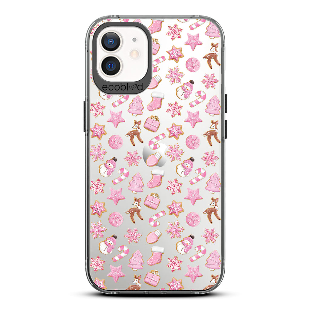 Winter Collection - Black Laguna Eco-Friendly iPhone 12 / 12 Pro Case With Pink Holiday-Themed Cookies On A Clear Back