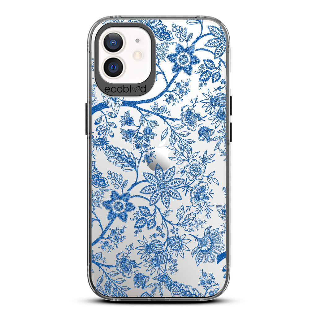 Timeless Collection - Black Laguna Compostable iPhone 12 / 12 Pro Case With Toile De Jouy Floral Pattern On A Clear Back