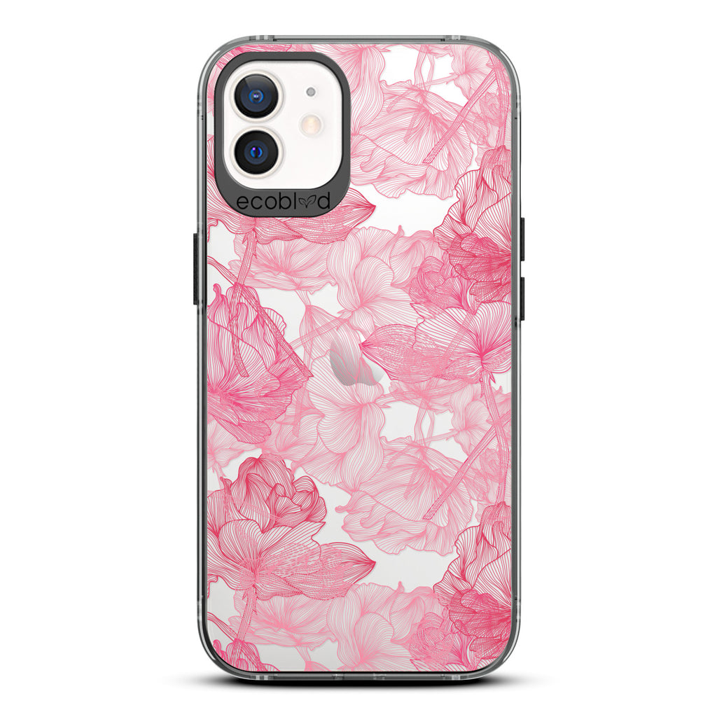 Blushed Pink - Black Compostable iPhone 12 / 12 Pro Case - Pink Line Art Style Roses On A Clear Back