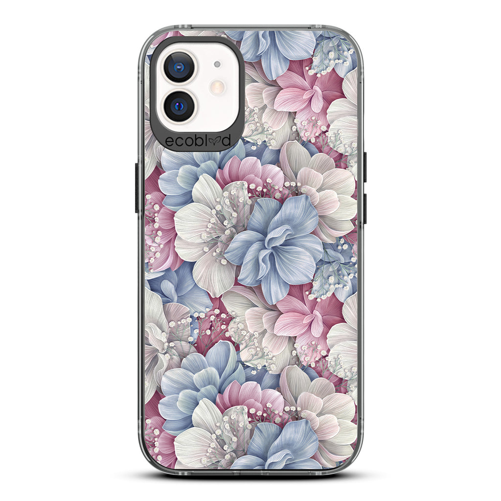 Spring Collection - Black Compostable iPhone 12/12 Pro Case - Dewey Pastel-Colored Watercolor Hydrangeas On A Clear Back