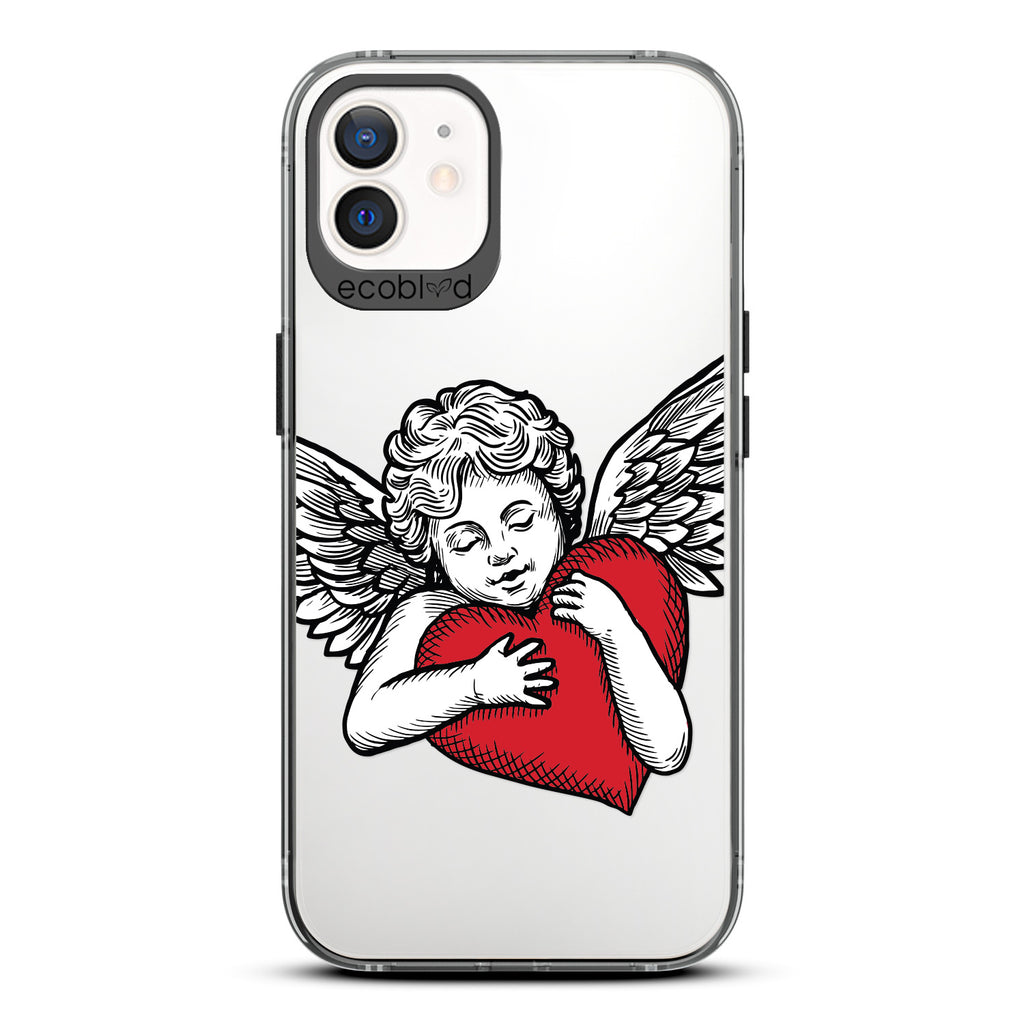 Love Collection - Black Compostable iPhone 12 / 12 Pro Case - Black & Grey Tattoo Style Cupid Holding Red Heart On Clear Back