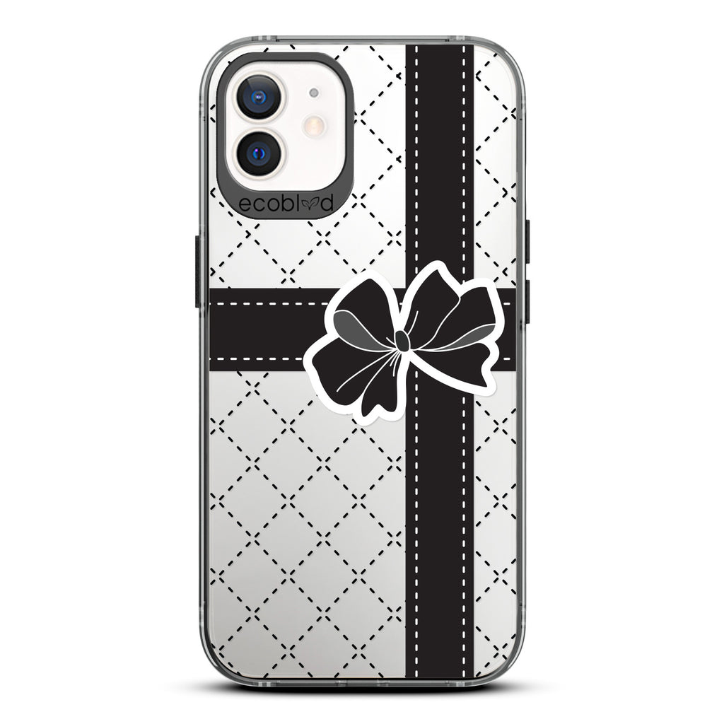 Love Collection - Black Compostable iPhone 12/12 Pro Case - Argyle Print Wrap With Black Ribbon & Black Bow On A Clear Back